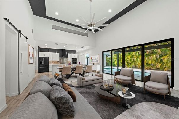 Dining room, Interior, Kitchen, Living room, Pendant Lights, Recessed Lighting, Stainless Steel Appliances, Wood Texture Flooring