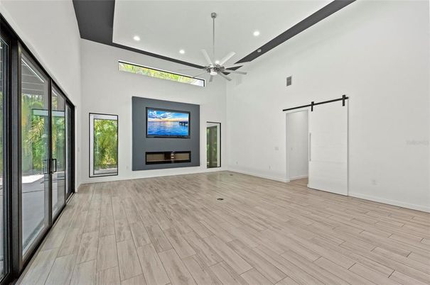 Empty room, Fireplace, Interior, Recessed Lighting, Wood Texture Flooring