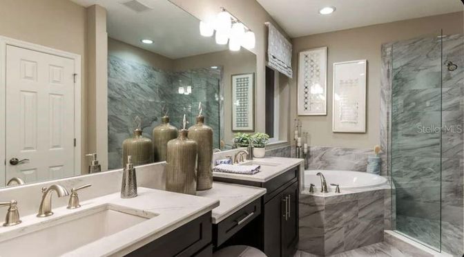 Bathroom, Dual Sink Vanities, Glass Shower, Interior, Marble, Marble Walls, Recessed Lighting