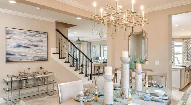 Chandelier, Dining room, Interior, Pendant Lights, Recessed Lighting, Wood Texture Flooring