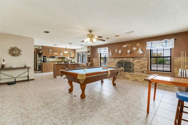 Billiard Table, Fireplace, Game Room, Interior, Kitchen, Pendant Lights, Stone Walls
