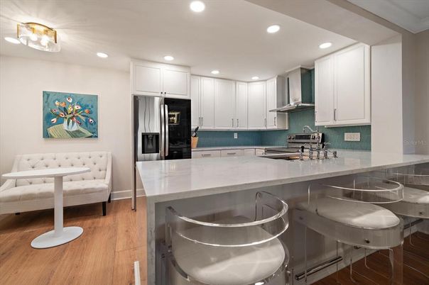 Interior, Kitchen, Recessed Lighting, Stainless Steel Appliances, Wood Texture Flooring