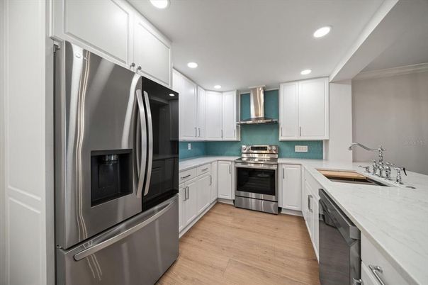 Interior, Kitchen, Recessed Lighting, Stainless Steel Appliances, Wood Texture Flooring