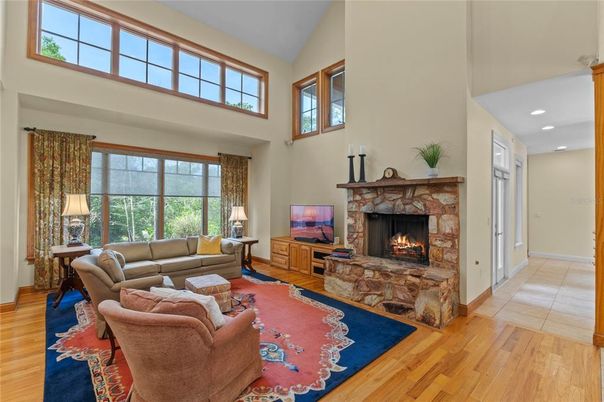 Fireplace, Interior, Living room, Recessed Lighting, Wood Texture Flooring