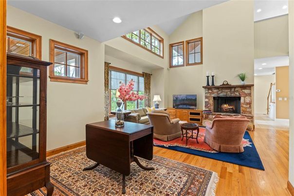 Fireplace, Interior, Living room, Recessed Lighting, Wood Texture Flooring