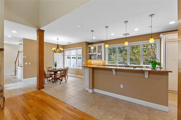 Chandelier, Dining room, Interior, Kitchen, Pendant Lights, Recessed Lighting, Wood Texture Flooring