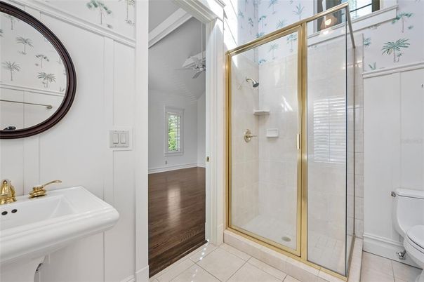 Bathroom, Glass Shower, Interior, Wood Texture Flooring
