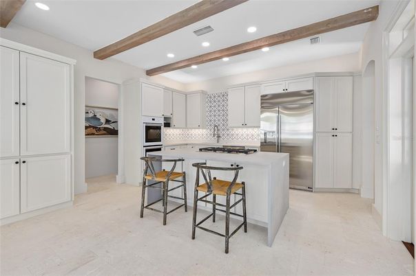 Interior, Kitchen, Recessed Lighting, Stainless Steel Appliances, Wooden Beams
