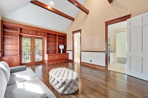 Empty room, Interior, Recessed Lighting, Wooden Beams, Wood Texture Flooring
