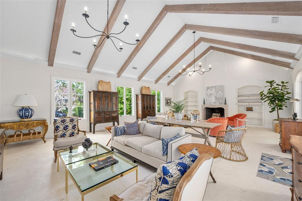 Chandelier, Dining room, Fireplace, Interior, Living room, Pendant Lights, Wooden Beams
