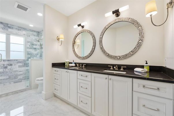 Bathroom, Dual Sink Vanities, Interior, Marble, Recessed Lighting