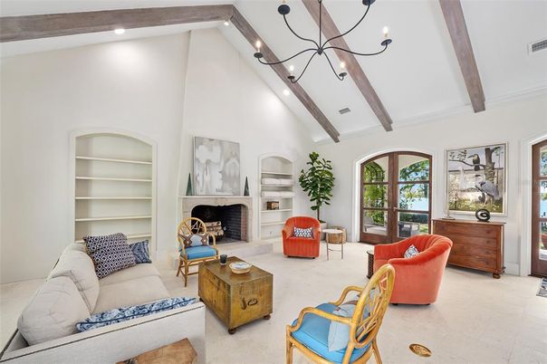 Fireplace, Interior, Living room, Recessed Lighting, Wooden Beams