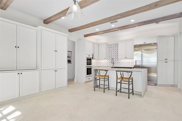 Interior, Kitchen, Recessed Lighting, Stainless Steel Appliances, Wooden Beams