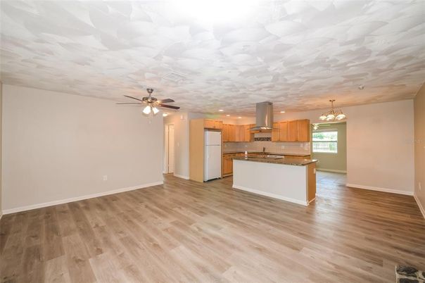 Chandelier, Empty room, Interior, Kitchen, Pendant Lights, Recessed Lighting, Wood Texture Flooring
