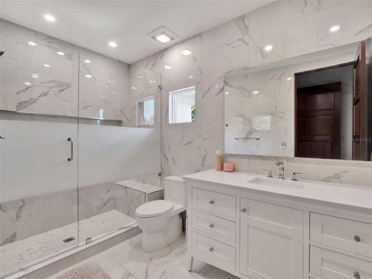 Bathroom, Glass Shower, Interior, Marble, Marble Walls, Recessed Lighting