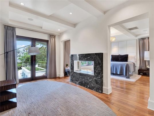 Bedroom, Fireplace, Interior, Marble Walls, Recessed Lighting, Wood Texture Flooring