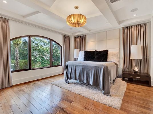 Bedroom, Interior, Pendant Lights, Recessed Lighting, Wood Texture Flooring