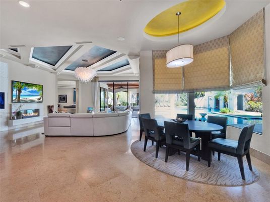 Dining room, Fireplace, Interior, Living room, Pendant Lights, Recessed Lighting