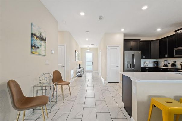 Interior, Kitchen, Marble, Pendant Lights, Recessed Lighting, Stainless Steel Appliances
