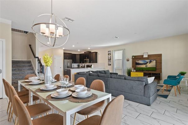 Dining room, Interior, Kitchen, Living room, Marble, Pendant Lights, Recessed Lighting, Stainless Steel Appliances