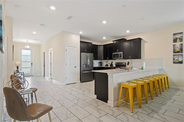 Interior, Kitchen, Marble, Pendant Lights, Recessed Lighting, Stainless Steel Appliances