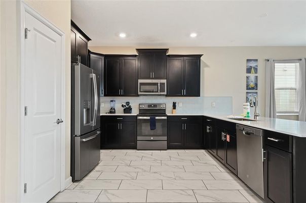 Interior, Kitchen, Marble, Recessed Lighting, Stainless Steel Appliances
