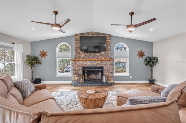 Fireplace, Interior, Living room, Recessed Lighting, Wood Texture Flooring