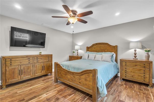 Bedroom, Interior, Recessed Lighting, Wood Texture Flooring