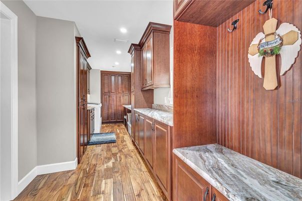 Interior, Kitchen, Recessed Lighting, Wood Texture Flooring, Wooden Walls