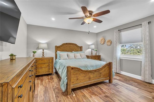 Bedroom, Interior, Recessed Lighting, Wood Texture Flooring