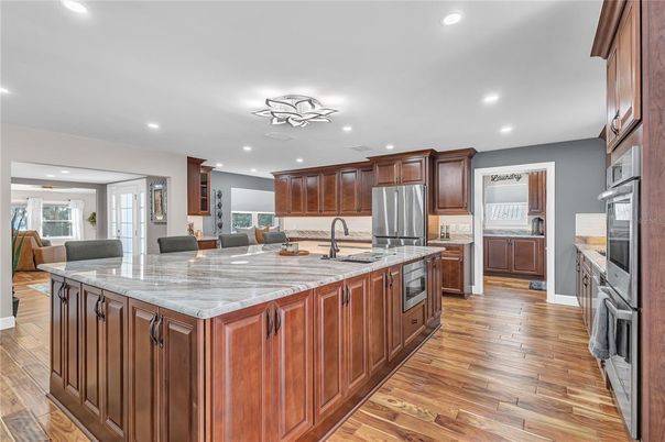 Interior, Kitchen, Recessed Lighting, Stainless Steel Appliances, Wood Texture Flooring