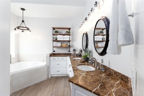 Bathroom, Dual Sink Vanities, Interior, Pendant Lights, Wood Texture Flooring