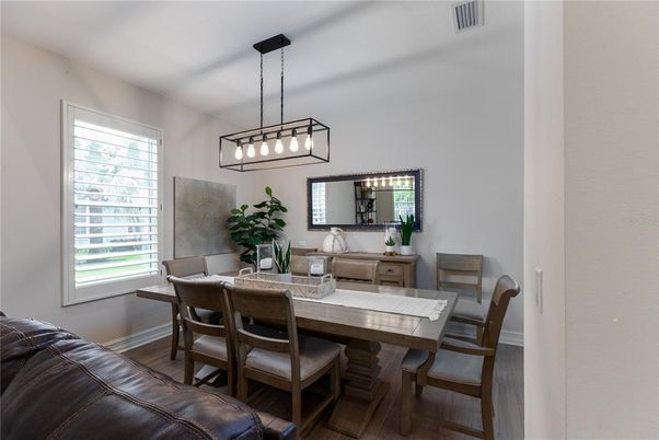 Dining room, Interior, Pendant Lights, Wood Texture Flooring