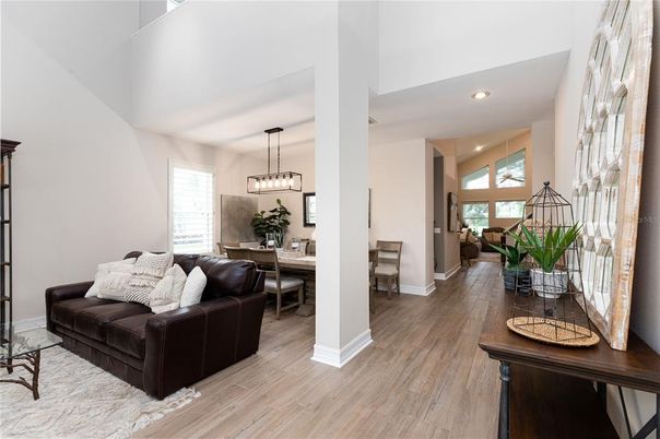 Dining room, Interior, Living room, Pendant Lights, Recessed Lighting, Wood Texture Flooring
