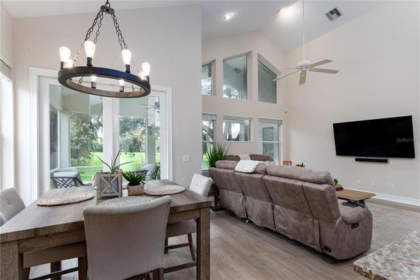 Chandelier, Dining room, Interior, Living room, Pendant Lights, Recessed Lighting, Wood Texture Flooring