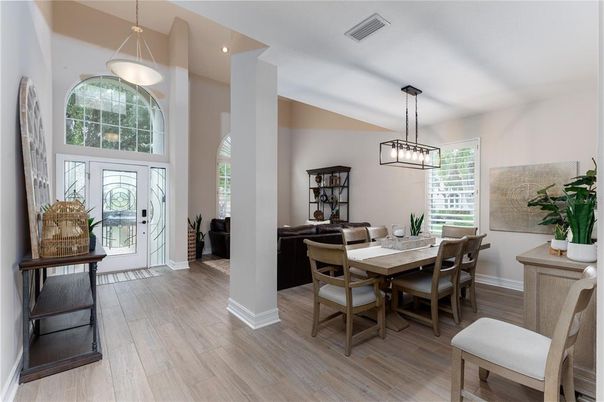 Dining room, Interior, Pendant Lights, Recessed Lighting, Wood Texture Flooring