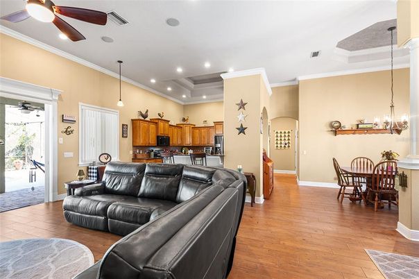 Dining room, Interior, Kitchen, Living room, Pendant Lights, Recessed Lighting, Wood Texture Flooring