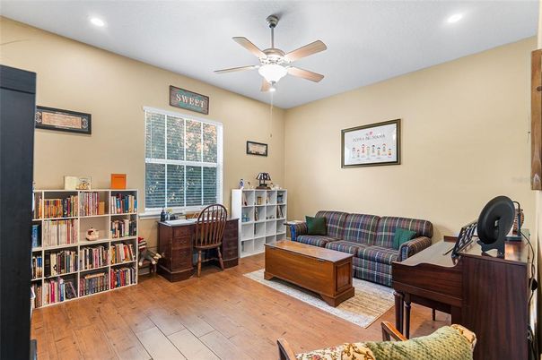 Home Office, Interior, Piano, Recessed Lighting, Wood Texture Flooring