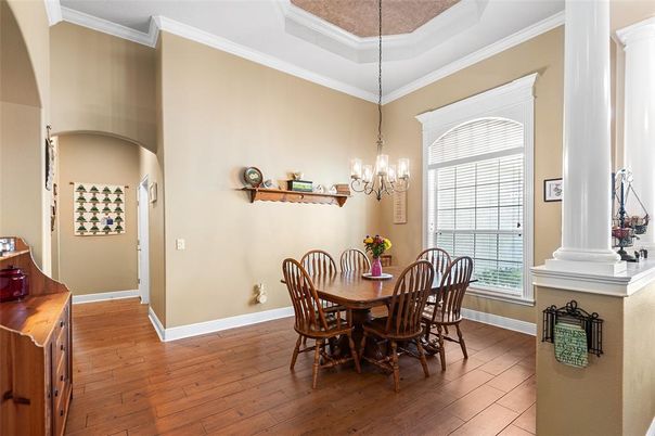 Chandelier, Dining room, Interior, Wood Texture Flooring