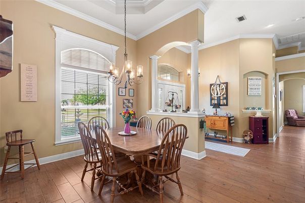 Chandelier, Dining room, Interior, Pendant Lights, Wood Texture Flooring