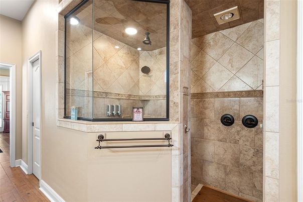Bathroom, Glass Shower, Interior, Recessed Lighting, Wood Texture Flooring