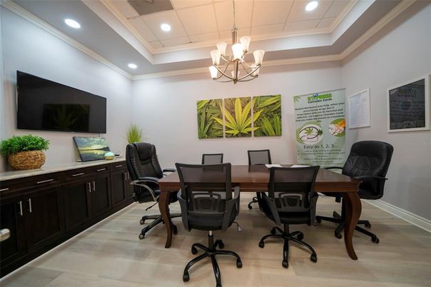 Chandelier, Home Office, Interior, Recessed Lighting, Wood Texture Flooring
