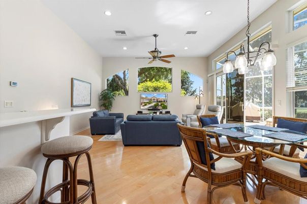 Dining room, Interior, Living room, Pendant Lights, Recessed Lighting, Wood Texture Flooring
