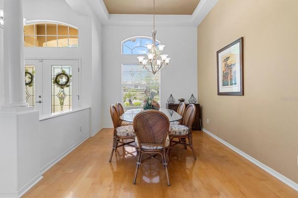 Chandelier, Dining room, Interior, Wood Texture Flooring