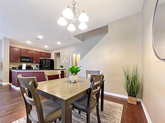 Dining room, Interior, Kitchen, Recessed Lighting, Wood Texture Flooring