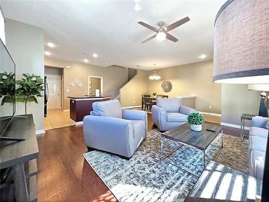 Dining room, Interior, Living room, Pendant Lights, Recessed Lighting, Wood Texture Flooring