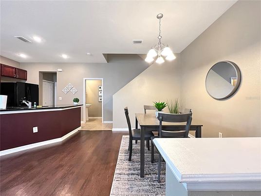 Chandelier, Dining room, Interior, Kitchen, Pendant Lights, Recessed Lighting, Wood Texture Flooring