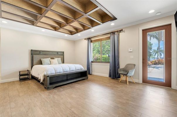 Bedroom, Interior, Recessed Lighting, Wooden Beams, Wooden Ceilings, Wood Texture Flooring