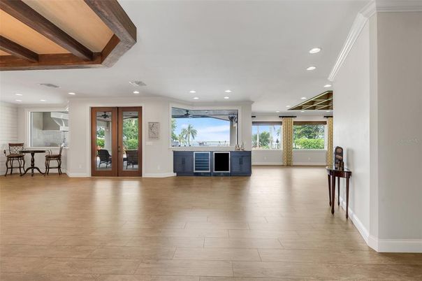 Interior, Kitchen, Recessed Lighting, Wooden Beams, Wood Texture Flooring