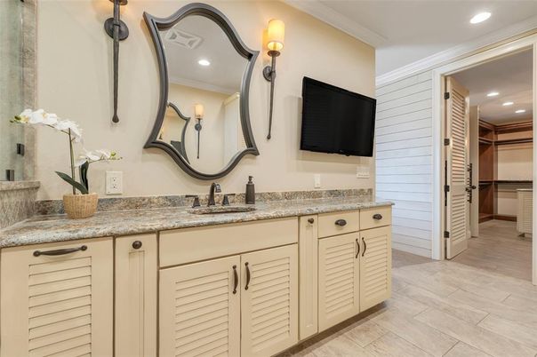 Bathroom, Dual Sink Vanities, Interior, Recessed Lighting, Wood Texture Flooring